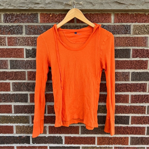 GAP Tops - Gap Orange Waffle Knit Long Sleeve Drawstring Hoodie